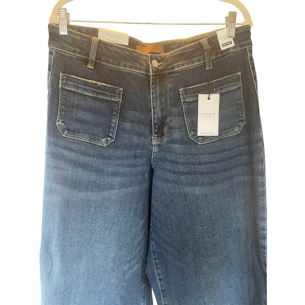 Judy Blue Retro Statement Patch Pocket Barrel Leg Palazzo Raw Hem 14W Hippie - Picture 2 of 11